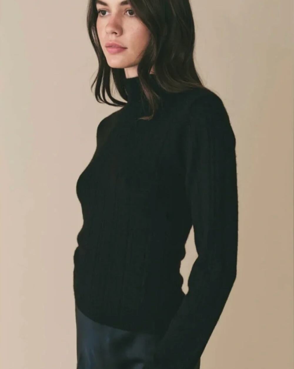 DOEN Renita Black Merino Cashmere Silk Pointelle Mockneck Sweater Extra Large